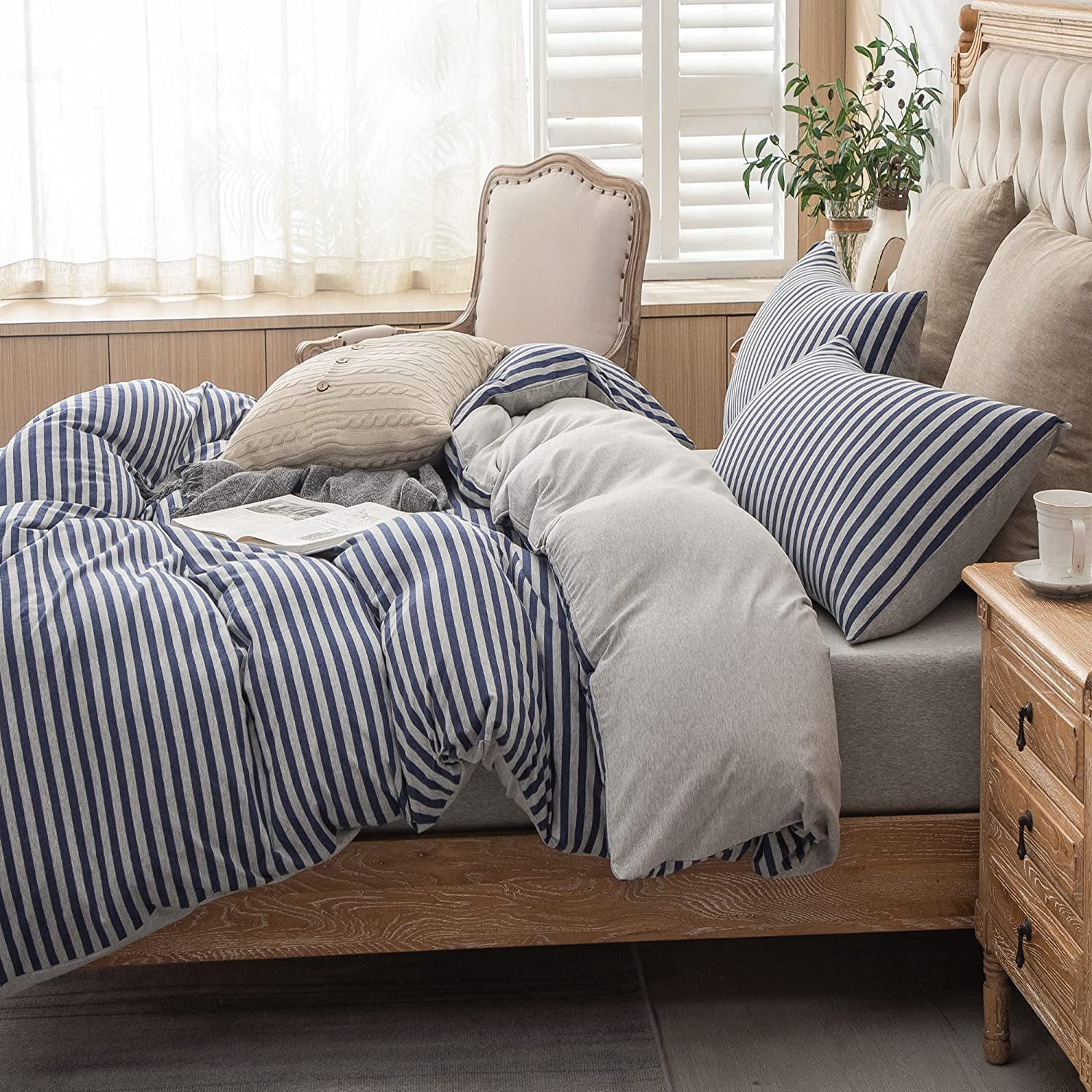 PURE ERA Classic Striped Jersey Knit Duvet Cover 100% Cotton 3pc Bedding Set Ultra Soft (Blue Grey Stripes King)