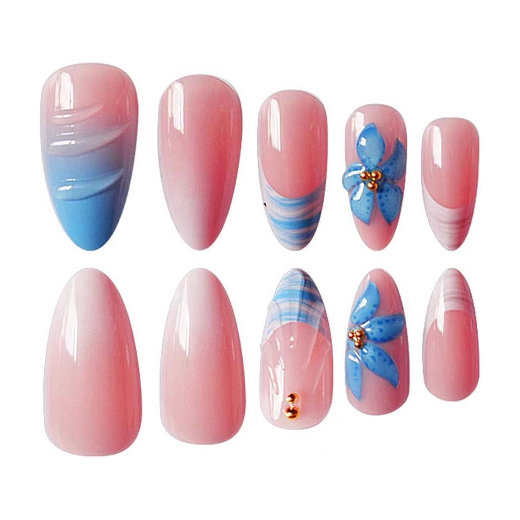 Cross-border hot-selling almond-shaped fake nails, sweet and cool blue, pure desire pearl shell, three-dimensional corrugated design, wearing armor