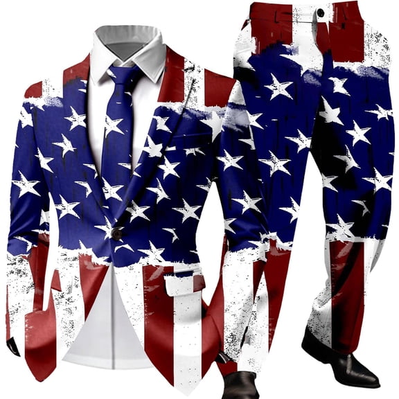 CONZONE Independence Day Mens 2 Peice Suit Set Usa 250Th Anniversary Suits for Men Patriotic Usa Star Striped Long Sleeve Blazer Pants Cozy July 4Th Dress Outfits