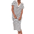thumbnail image 2 of Short Sleeved Women V-neck Casual Loose Knit Dress Lapel Striped Print Straight Knee Sweater Dress, 2 of 5
