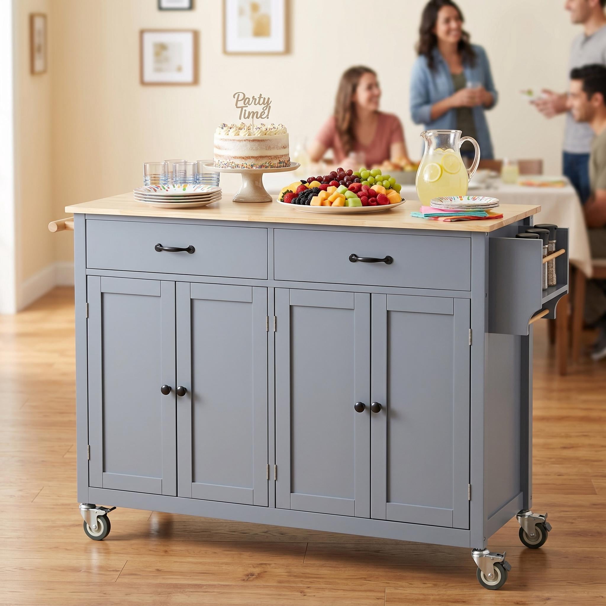 Homy Casa Kitchen Island Cart with Solid Wood Top, 4 Door Cabinet, 2 Drawers, Spice & Towel Rack, Blue