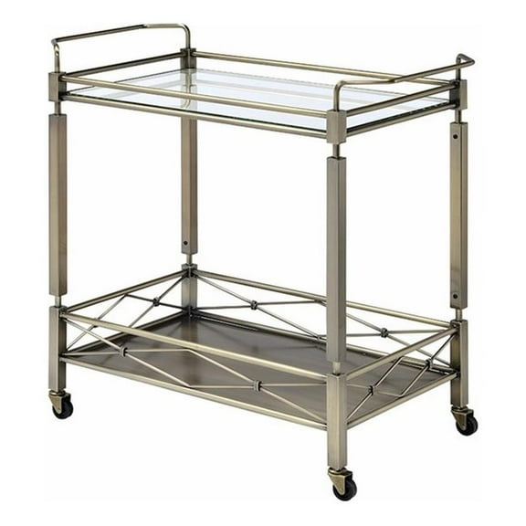 Bowery Hill Rectangular Glass Top Serving Cart with 2 Shelves in Antique Brass