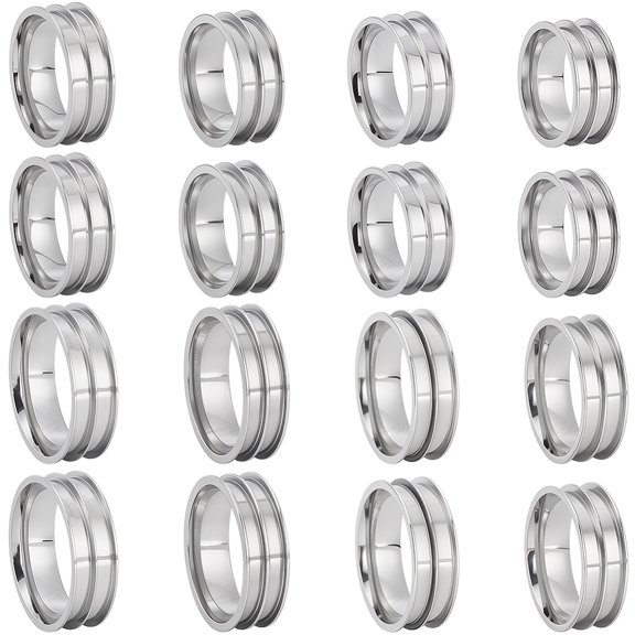 1 Set 16Pcs 8 Styles 201 Stainless Steel Ring Core Blank for Inlay Jewelry Making Double Channel Beveled Edge Ring Inner Diameter: 16~23mm