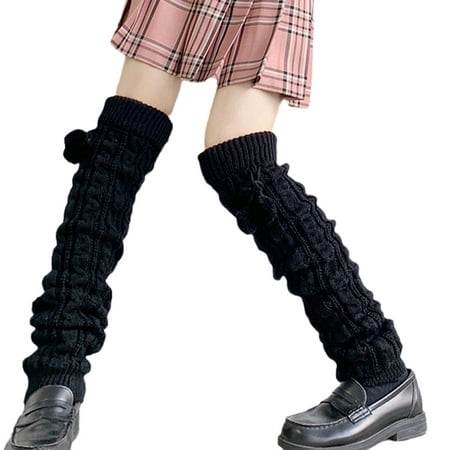

Sofullue Women Cable Knit Long Leg Warmers Lolita Cute Plush Hair Ball Bowknot Foot Cover Kawaii Thigh High Socks Boot Stockings