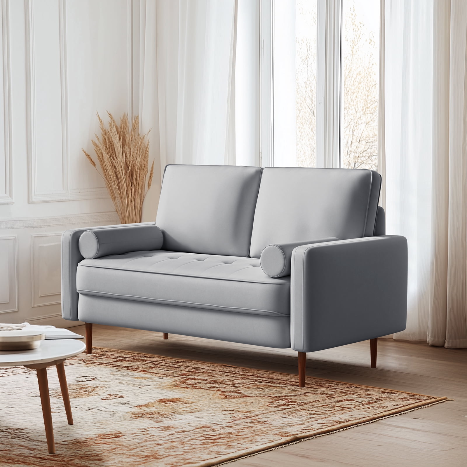 Dixie 57" Small Sofa Loveseat Couch, Premium Velvet Fabric And 2 Bolster Pillows Suitable for Apartment or Small Living Room, Grey