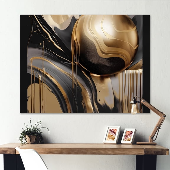 Designart "Gold And Black Captivating Marble IV" Abstract Marble Wall Art For Bathroom