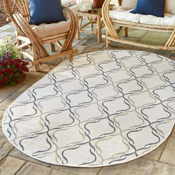 Unique Loom Outdoor Trellis Collection Area Rug - Parmaklik (5' 3" x 8' Oval Ivory/Navy Blue)