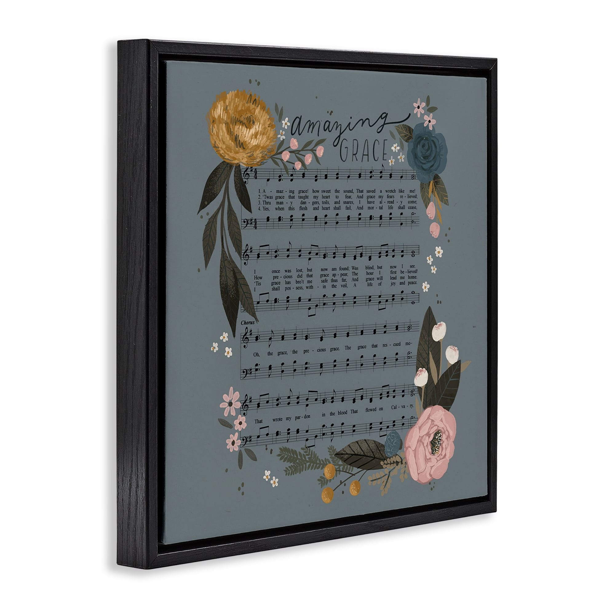 Stupell Industries Amazing Grace Floral Hymn Religious & Spiritual Painting Black Floater Framed Canvas Art Print Wall Art, 25 x 25