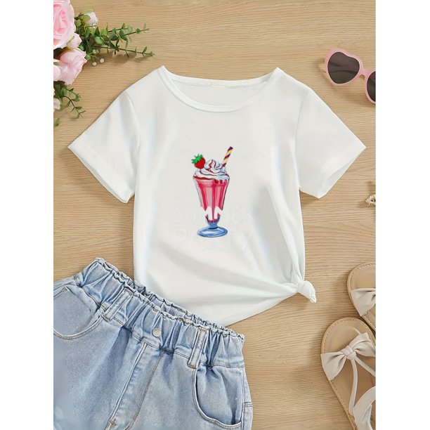 Girls' Daily Casual T-Shirt, Summer Party Strawberry Ice Cream Pattern Print, Cute Fashion, Polyester, Crew Neck, Slight Stretch, Knit Tops, Regular Fit, 180 g/m2, for Girls, Summer Gift