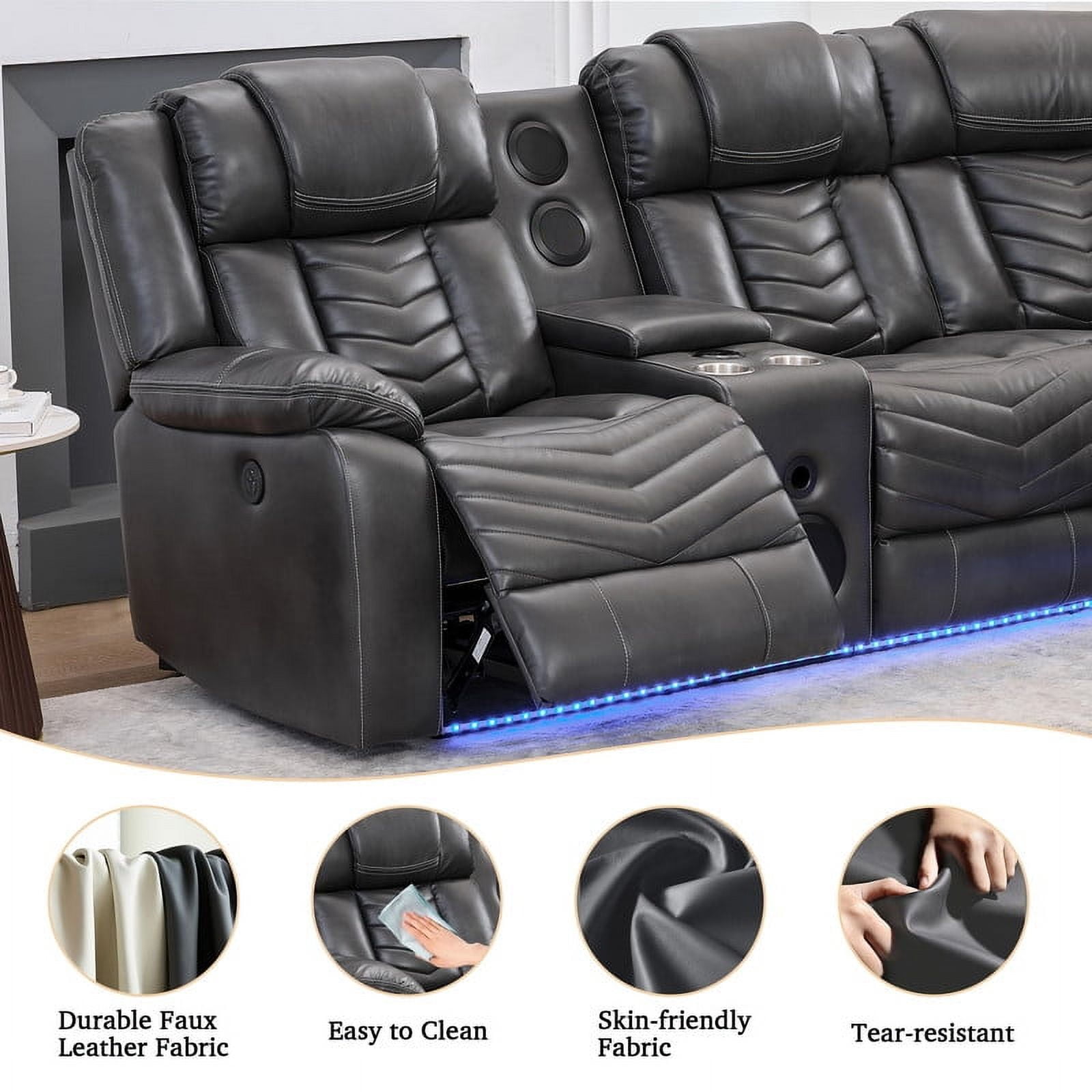 Power Reclining Sectional Sofa with Bluetooth Speakers,USB Ports,LED Lights,Cup Holders,Storage Console,Faux Leather Electric Corner L-Shaped Recliner Couch,5 Seater for Living Room Gray