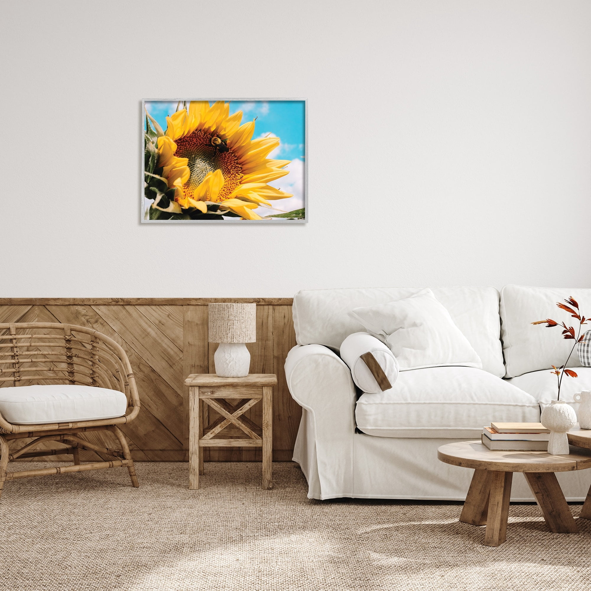 Stupell Industries Summer Sunflower Blossom Pollinating Honey Bee Photography Photograph Gray Framed Art Print Wall Art, Design by Hey Bre! Creative Studio