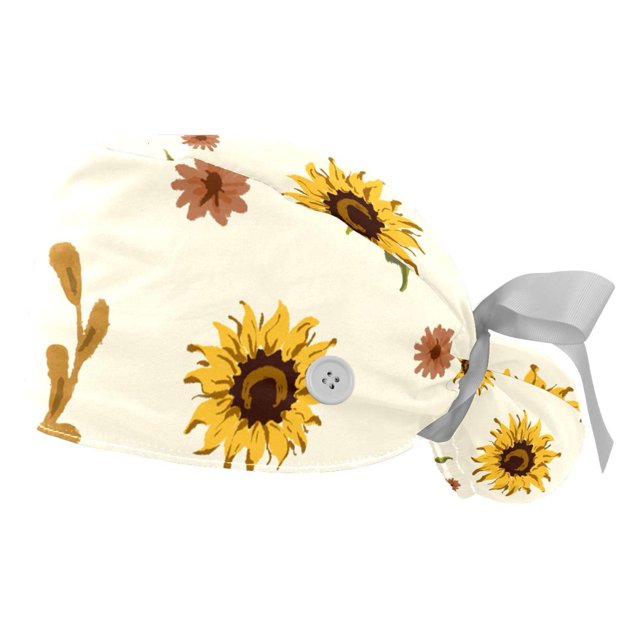 2PCS Long Hair Working Cap with Buttons and Sweatband Ribbon Tie Back