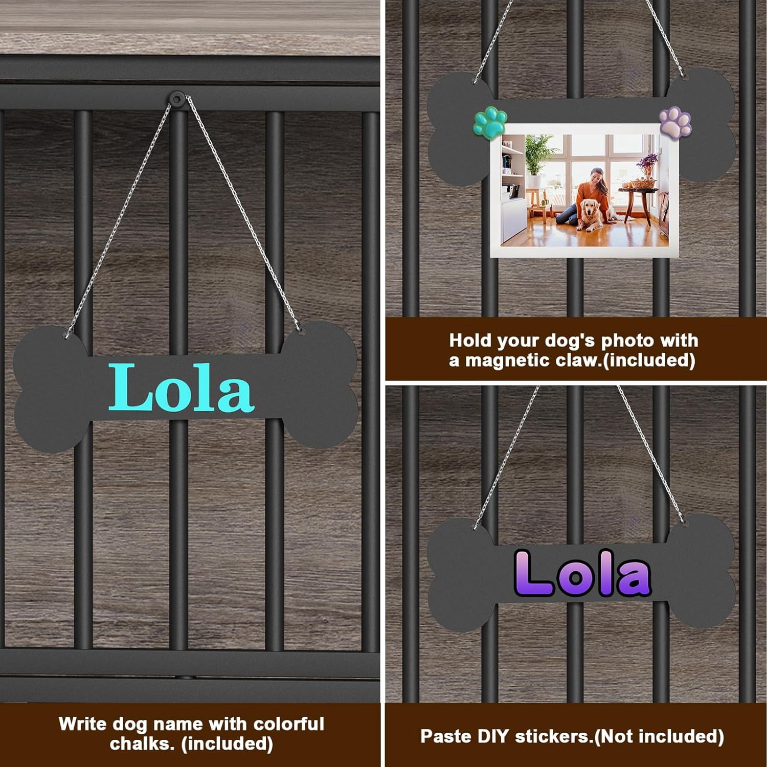 POAO 31.5"Assembly-Free Dog Crate Furniture for Small Dog, Foldable Dog Kennel Indoor with Tag &Adjustable Dog Bowls, Wooden Dog Cage,End Table