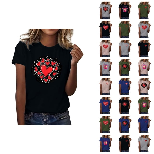 T-shirt Femme Saint-Valentin 2026 Mode Manches Courtes Col Rond Cœur Graphique