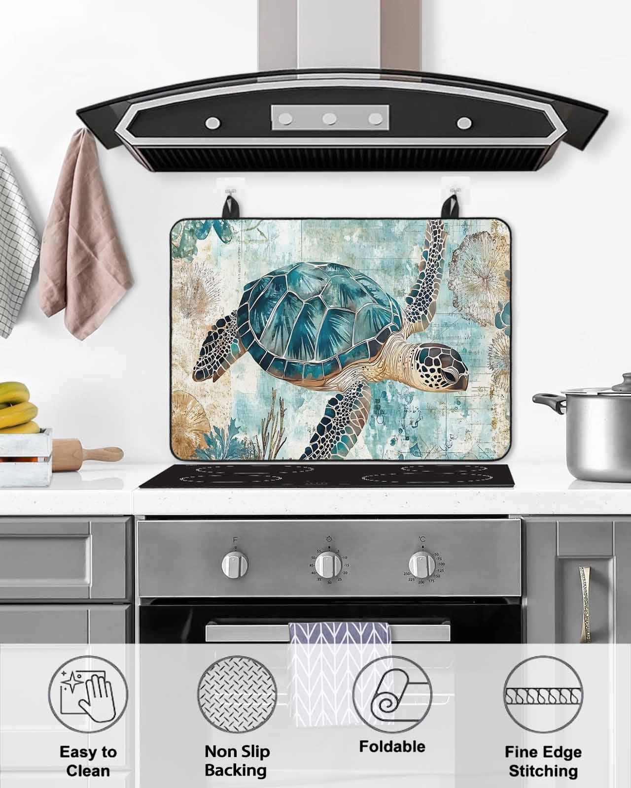 nqOlkjepod Large Induction Cooktop Protector Mat 36"x21", Teal Coastal Turtle Stove Top Covers for Electric Stove, Vintage Watercolor Marine Life Stove Burner Cover Mats, Glass Top Stove Cover