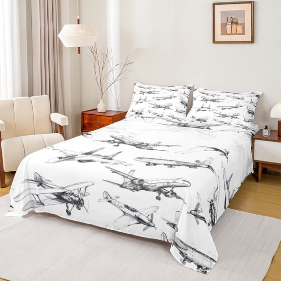 jejeloiu Retro Sketch Airplane Queen Sheet Sets,Vintage Aircraft Theme Flat Sheet,White Gray Queen Fitted Sheet For Boys Kids,Super Cozy Room Decor,4pcs