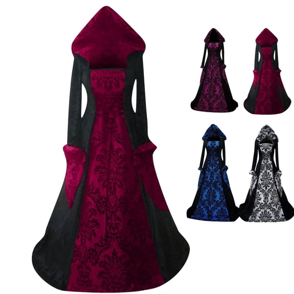 Renaissance Dress Women Hooded Medieval Gothic Gown Dresses Ball Gown Vintage Victorian Dresses Halloween Costume Red 5XL