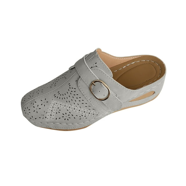 Clogs for Women Mules Slide Closed Toe Clog Buckle Decor Hollow out Comfortable Wedge Mule Gray