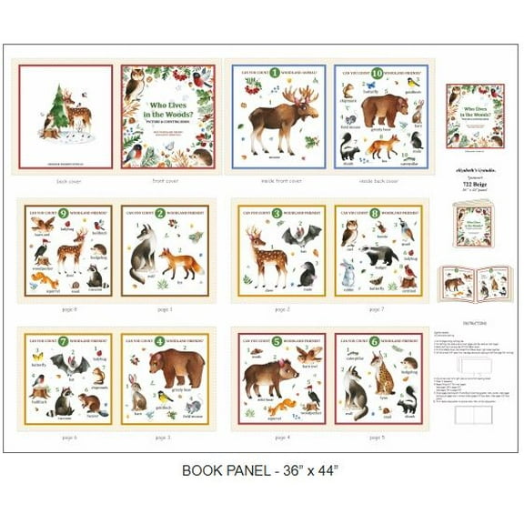 36" X 44" Panel Who Lives in the Woods? Book Animals Cotton Fabric D606.10