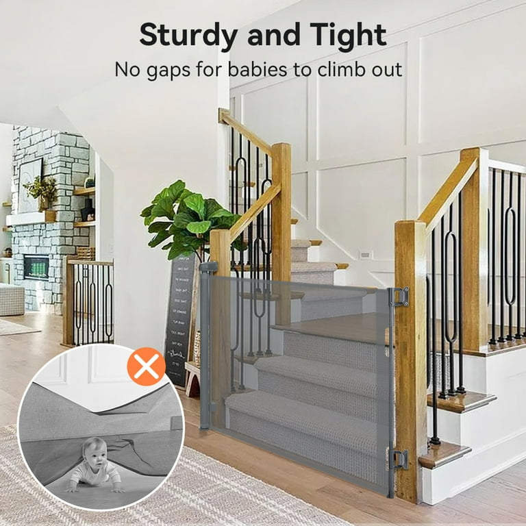 Baby Stairs Gate, Retractable Mesh Fence, Safety Barrier with Space-Saving Design and Indoor Outdoor Screen for Bathroom, Doorway, Nursery, Fireplace, Basement, Gray Black