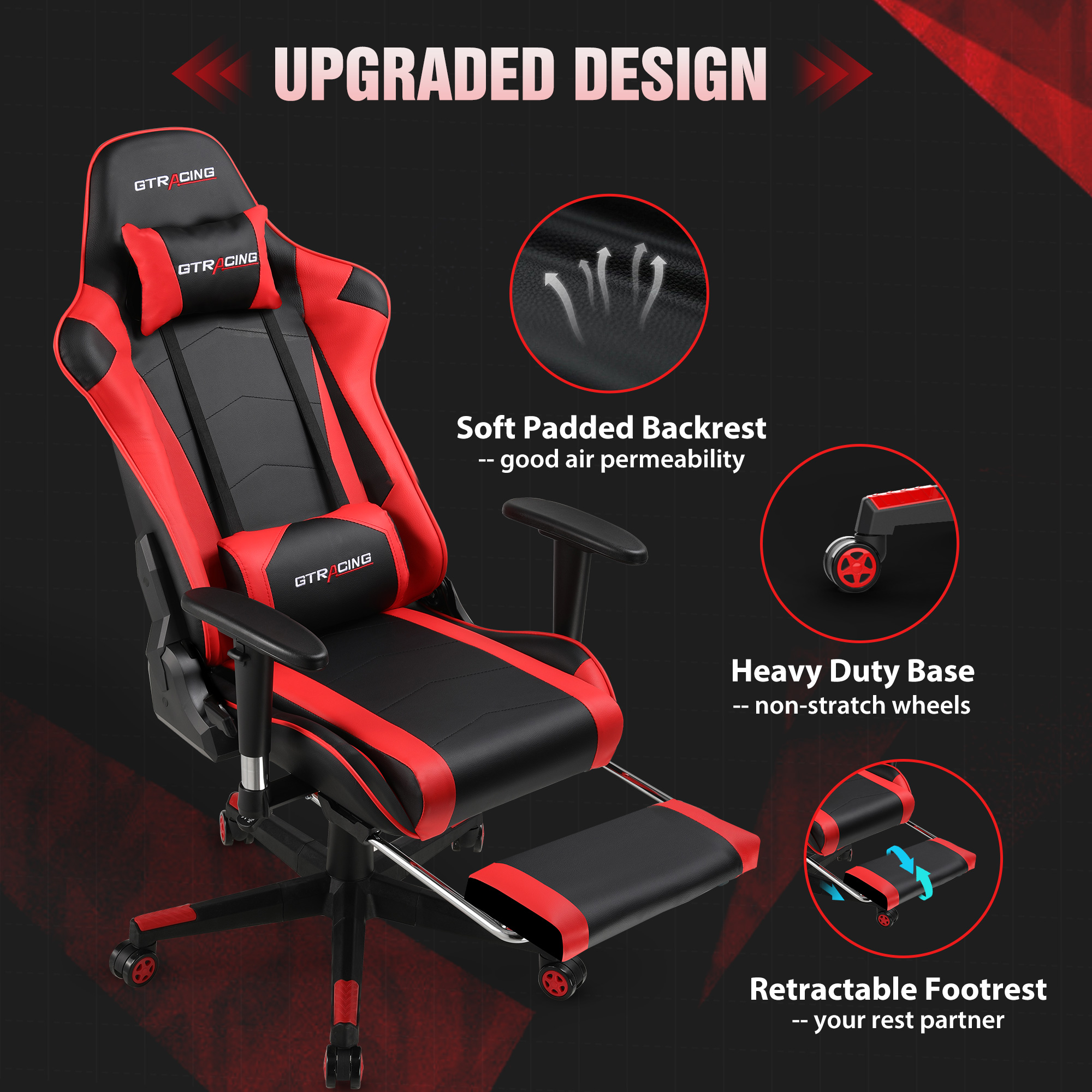 GTRACING Gaming Chair Office Chair PU Leather with Footrest & Adjustable Headrest, Red - image 2 of 6