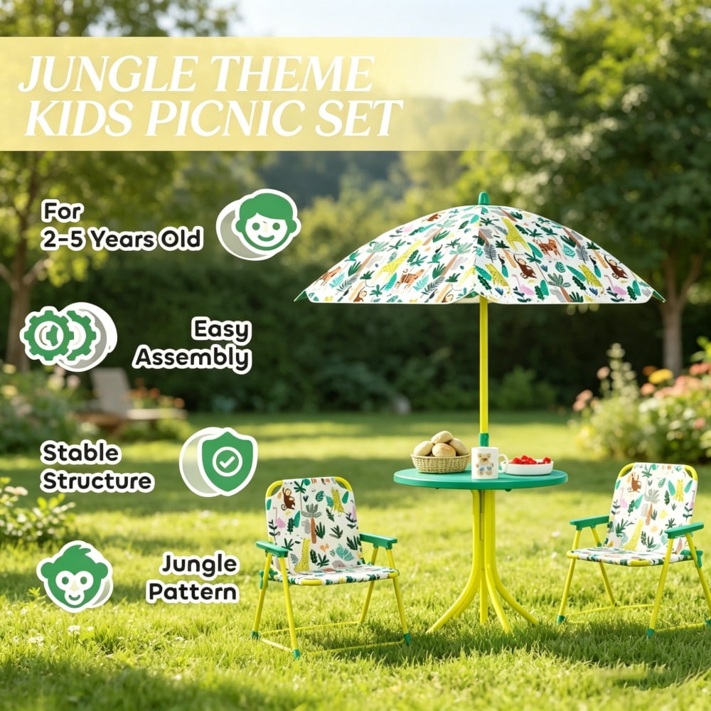 4-Piece Kids Play Set - Foldable Table, Chairs & Umbrella with Monkey/Giraffe Design, Green/Yellow/White, for 2-5 Years Old Toddlers