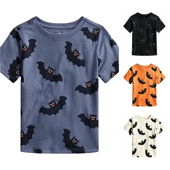 JAJAHO Kids Halloween T Shirts Bat Print Short Sleeve Crew Neck Graphic Tees For Boys Girls 4-13Y
