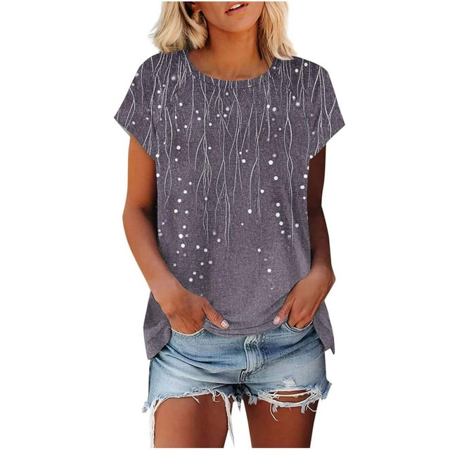 Aqestyerly Haut à Manches Courtes en Solde, Blouse Décontractée à Manches Courtes Col Rond Imprimée pour Femmes Tendance/gris Foncé (TTG)
