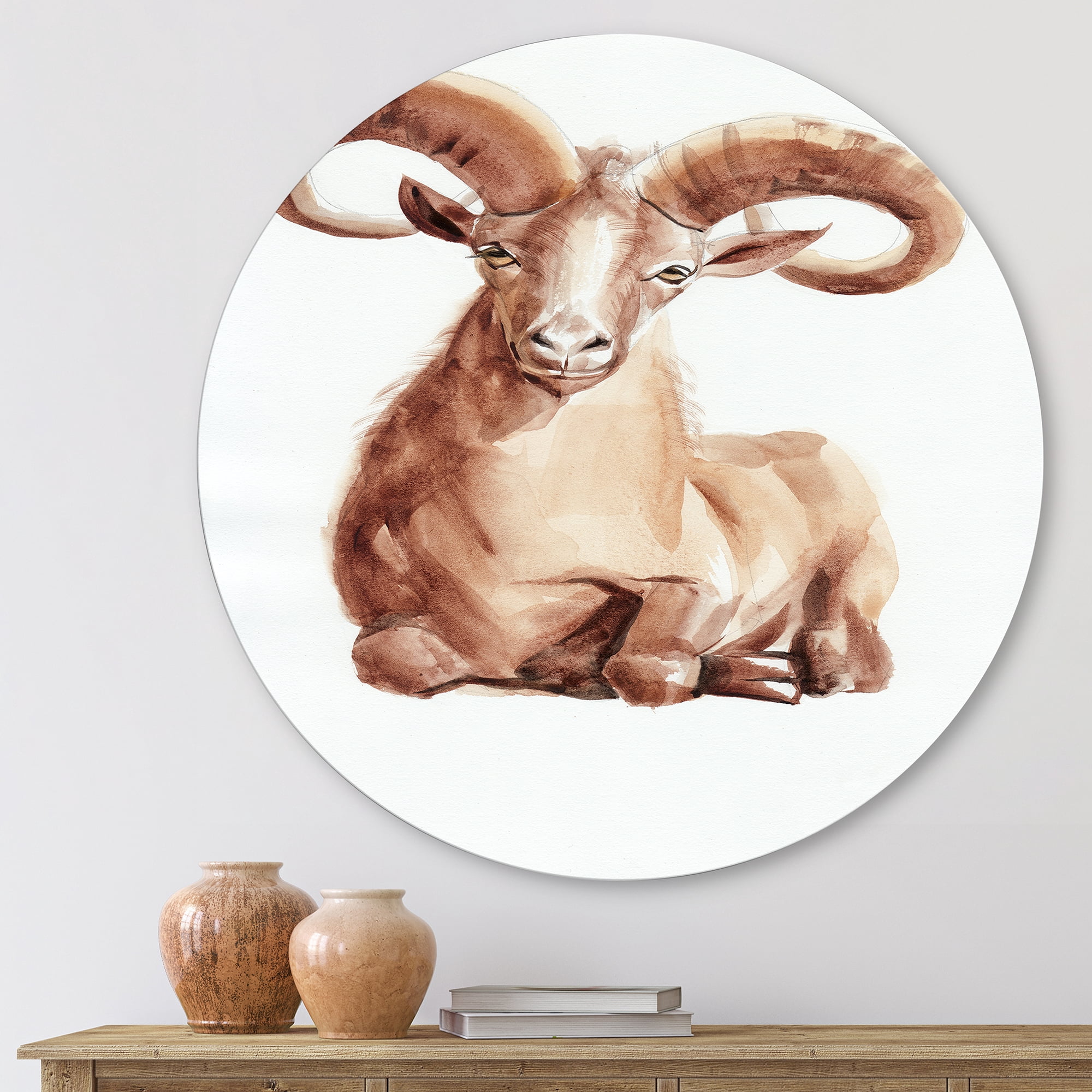 Designart 'Abstract Portrait of Wild Ram With Mighty Horns II' Farmhouse Circle Metal Wall Art 11x11 - Disc of 11