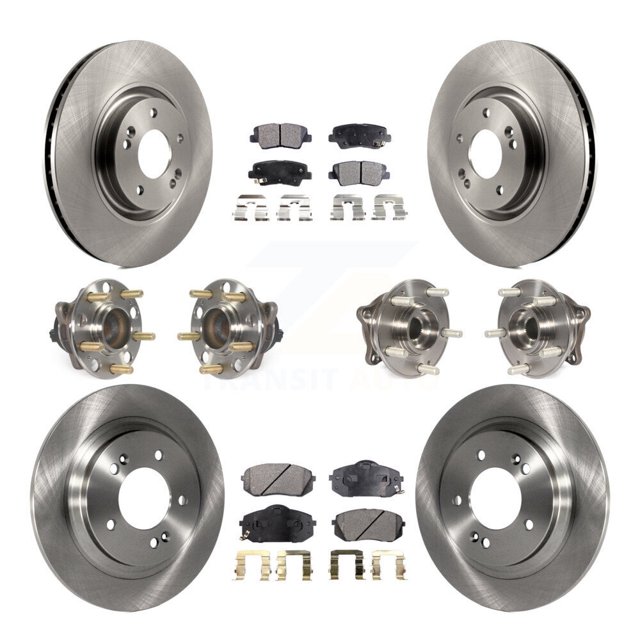 Transit Auto Front Rear Hub Bearing Assembly Disc Brake Rotor and Semi-Metallic Pad Kit (10Pc) for Car 2015 Hyundai Sonata GAS engine with Electric Parking Left Right Driver Passenger KBB-109035