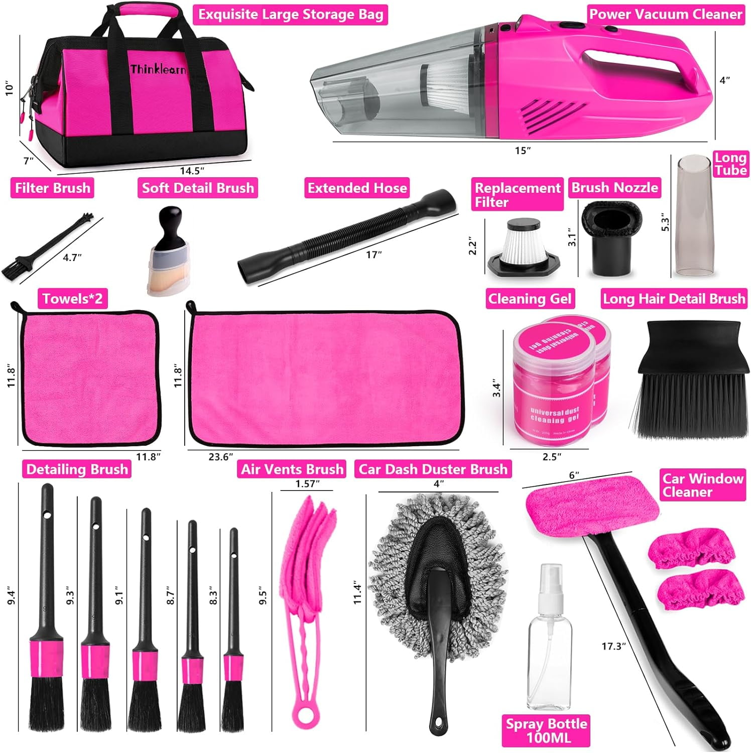 Car Vacuum Detailing Kit, Interior Car Cleaning Kit with High Power  Handheld Vacuum and 7Pcs Detailing Brush Set, Well-Designed Women's Pink  Car