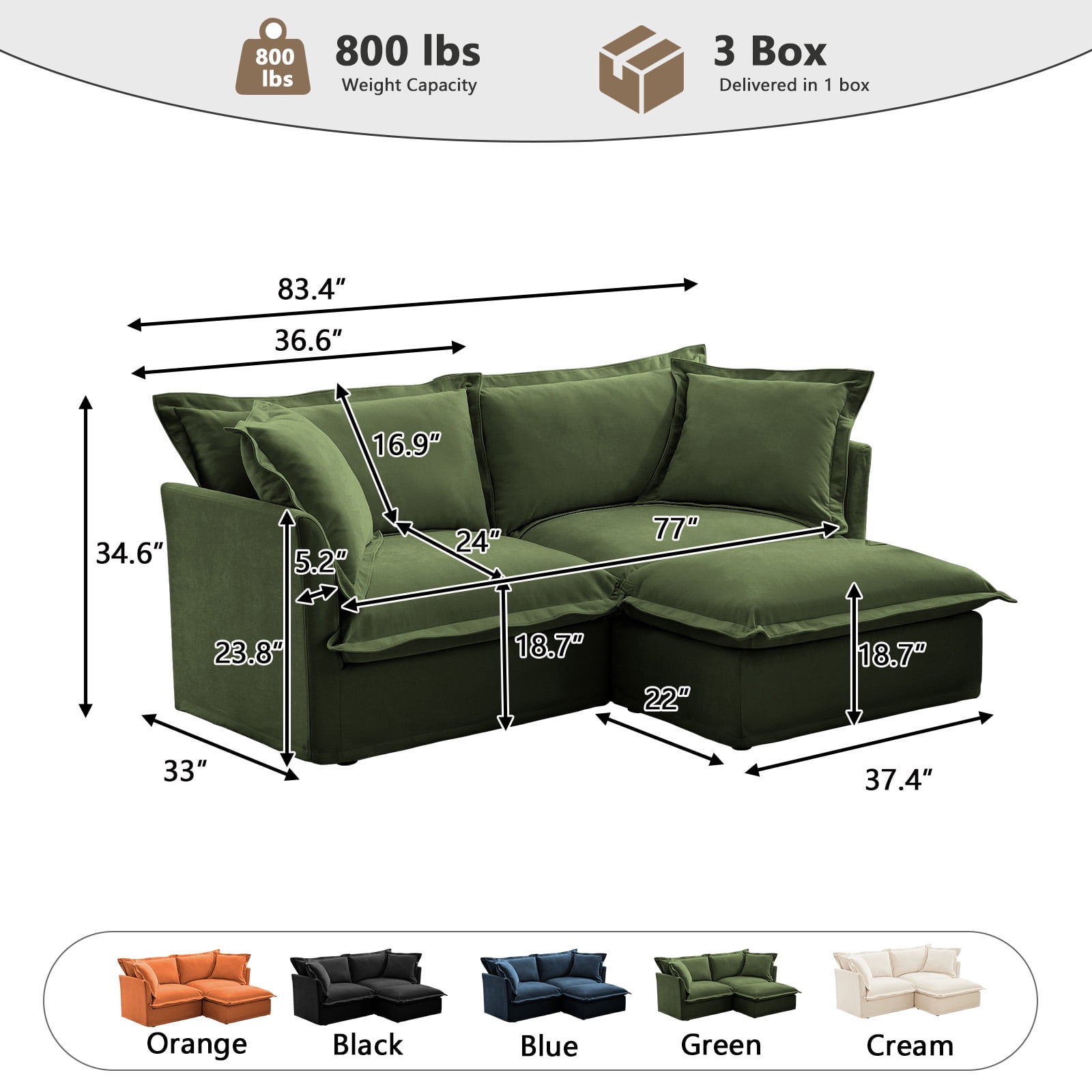 83.4" W Oversized Chenille Loveseat with Ottoman, 77" Wide Deep Seat Upholstered Sofa Couch with Washable Covers for Living Room or Small Apartment,Green