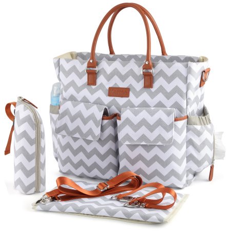 Kattee Chevron Diaper Bag Baby Nappy Tote Bag with Changing Pad & Bottle Holder Gray