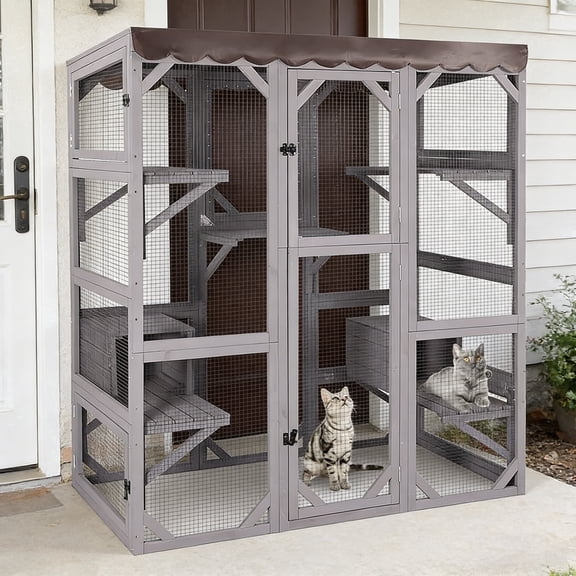 Aivituvin Large Catio Outdoor Cat Enclosure with Condos, Wood Catio Walk in Cat House, Kitty Shelter Indoor with Waterproof Roof Gray