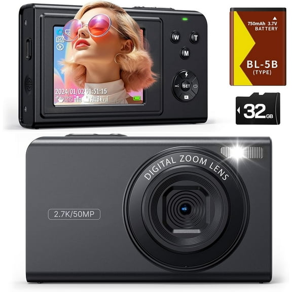 Digital Camera, 2.7K Kids Camera for Photography, 50MP Compact Vlogging, 16X Digital Zoom, Auto Focus Point and Shoot