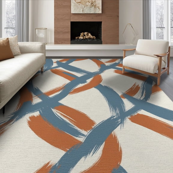 ODIKA 8'x10' Washable Area Rug Non-Shedding, Easy Care, Freeform Geometric Abstract Painterly Brushwork Contemporary for King Size Bedroom Under Bed, Master Suite