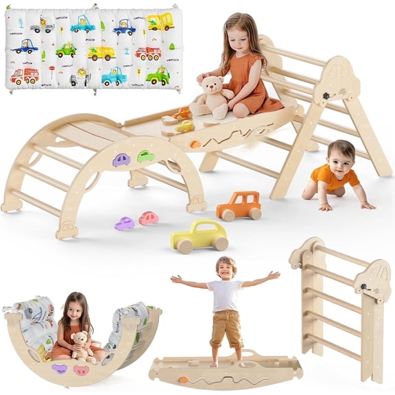 Kidsbuddy Pikler Triangle Set with Cushion, 9 in 1 Foldable Montessori Climbing Toys for Toddlers 1-3, Indoor Wooden Kids Playground Baby Climber with Maze Toys, Shape Sorter Toys, Car Toys