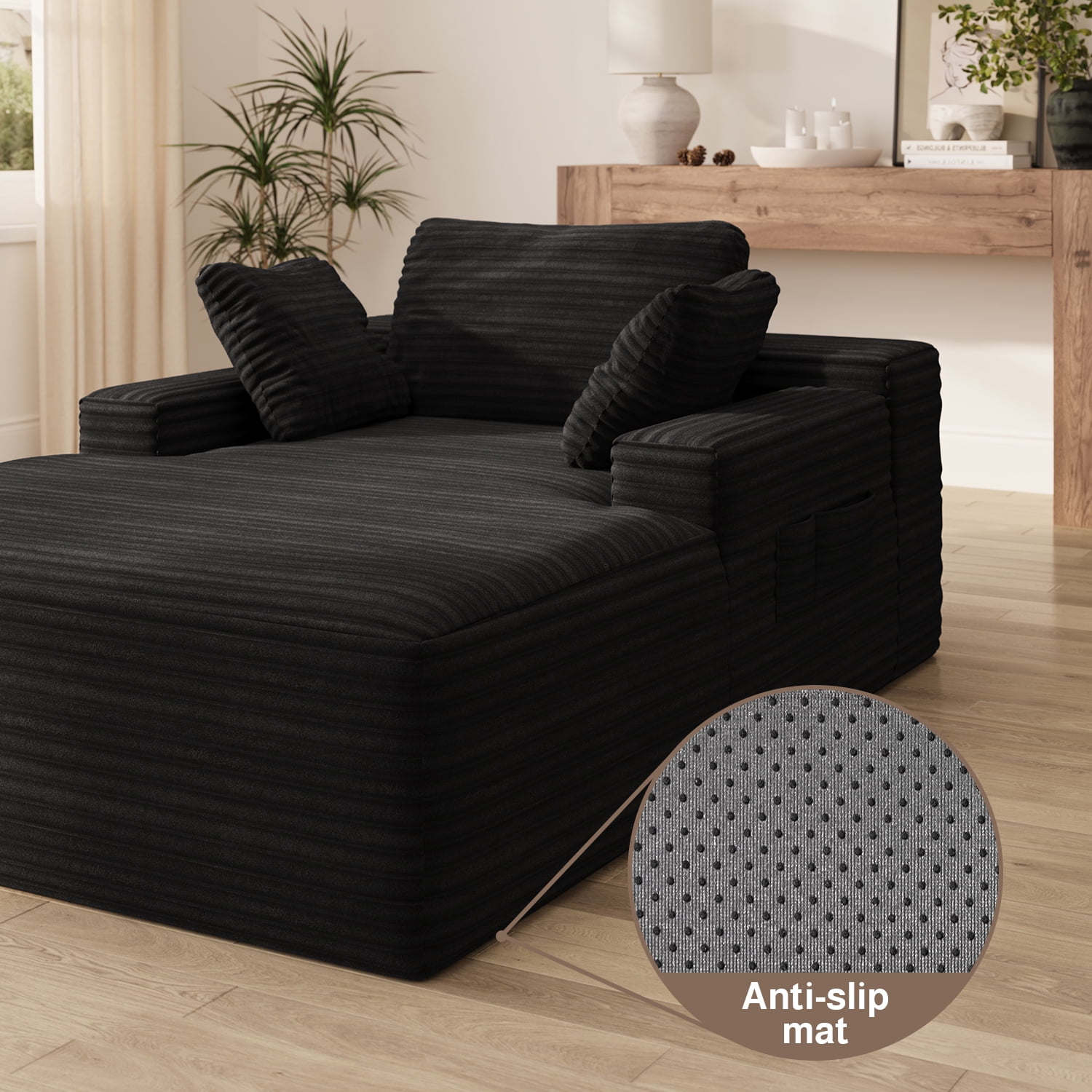 Lofka 47'' Oversized Chaise Lounge Chair Indoor, No Assembly Required, Sleeper Couch Fluffy Plush Corduroy Cloud Sofas Couches for Living Room, Black