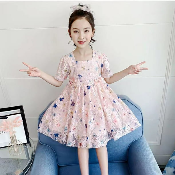 Verano princesa bebé niñas tutú vestido encaje mariposa manga corta gasa falda niños moda blanco rosa fiesta Casual ropa 2T (etiqueta 100) Gao Jinjia LED