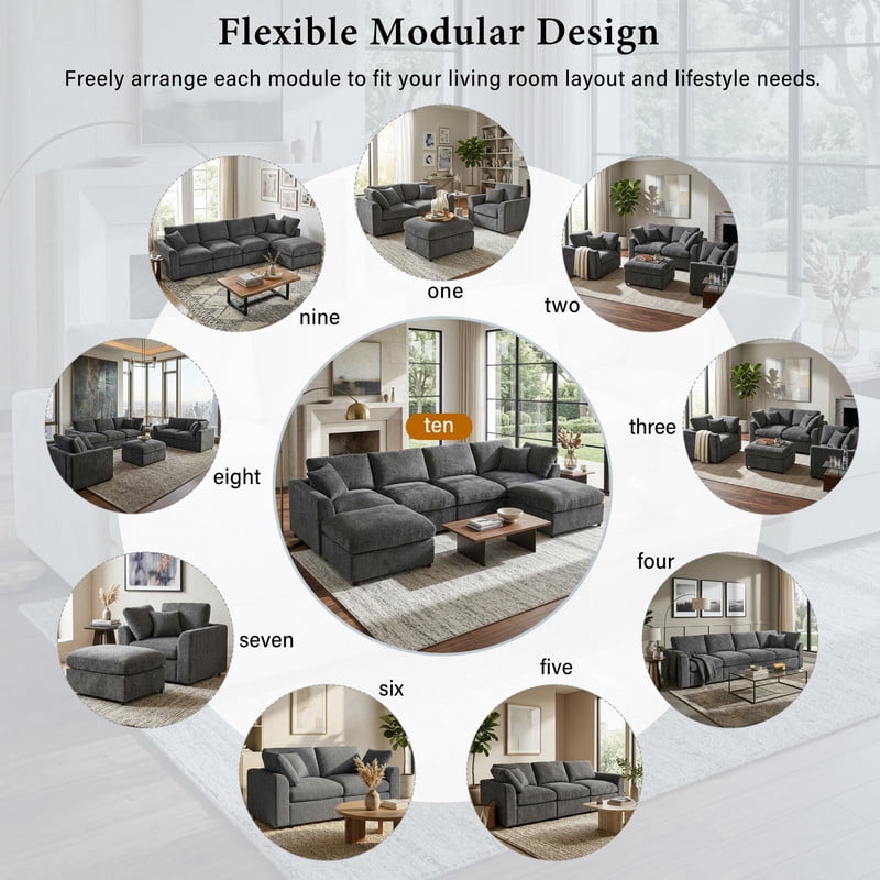130.3" 6-Seater U-Shaped Modular Sectional Sofa, Chenille Upholstered Couch with 2 Movable Ottomans, Deep Seat Modern Sofa with Solid Wood Frame, Accent Pillow for Living Room