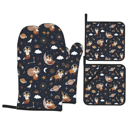 

Oven Mitts and Pot Holders Sets 4 pcs Space Music Fox Non-Slip Oven Gloves Potholders Soft Quilted Lining Heat Resistant Gloves Hot Pads for Kitchen Cooking Baking