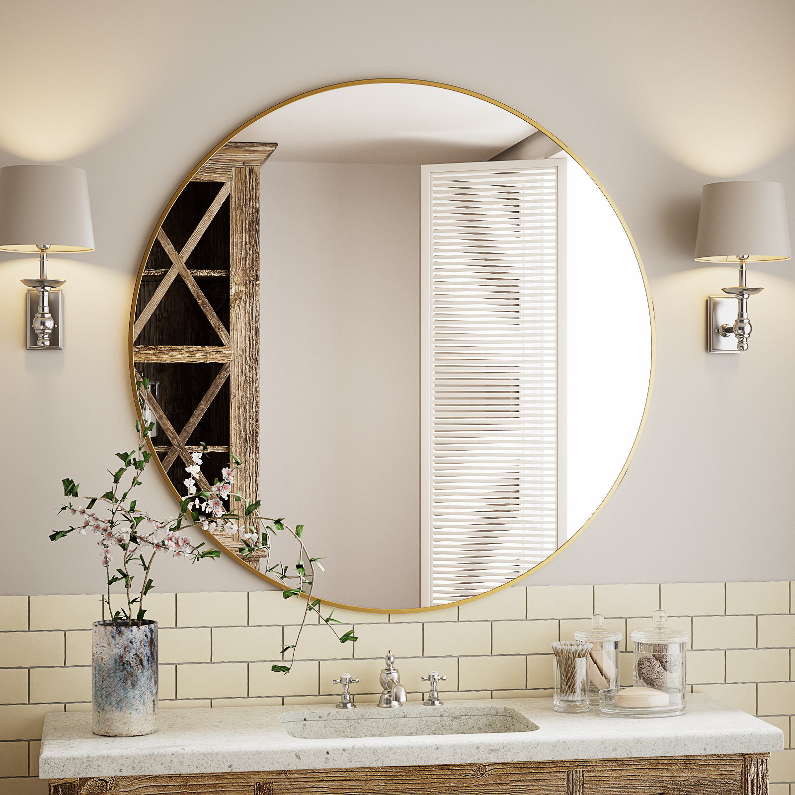 GRAHMCY 24" Round Bathroom Mirror Wall Mirror With Simple Metal Frame, Gold