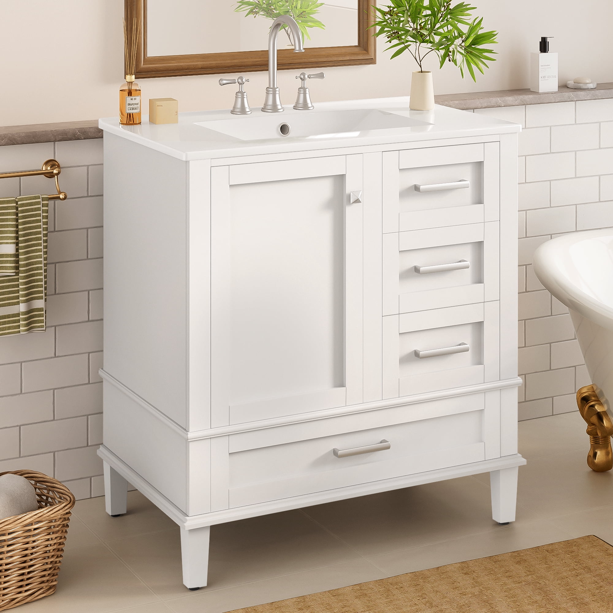 Euroco 30" Bathroom Vanity, Modern Bathroom Cabinet with Sink Combo Set, Bathroom Storage Cabinet with 1 Soft-Closing Door and 3 Soft-Closing Drawers, Solid Wood Frame (White)