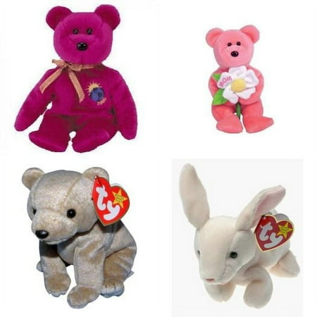 Assorted Ty Beanie Baby 4 Pack Bundle: Ty Millennium the Bear Beanie, TY Beanie Baby Bear DEARLY Pink Bear White Mom Flower, Ty Beanie Baby - Almond the Bear 1999, Ty Beanie Baby - Nibbler the Bunny R