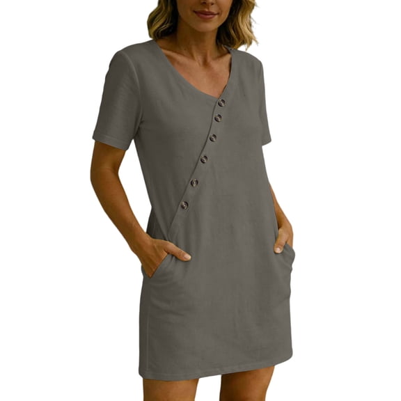 Admvng Womens Linen Dress Asymmetrical Buttons Short Sleeve V Neck Shift Dresses with Pockets