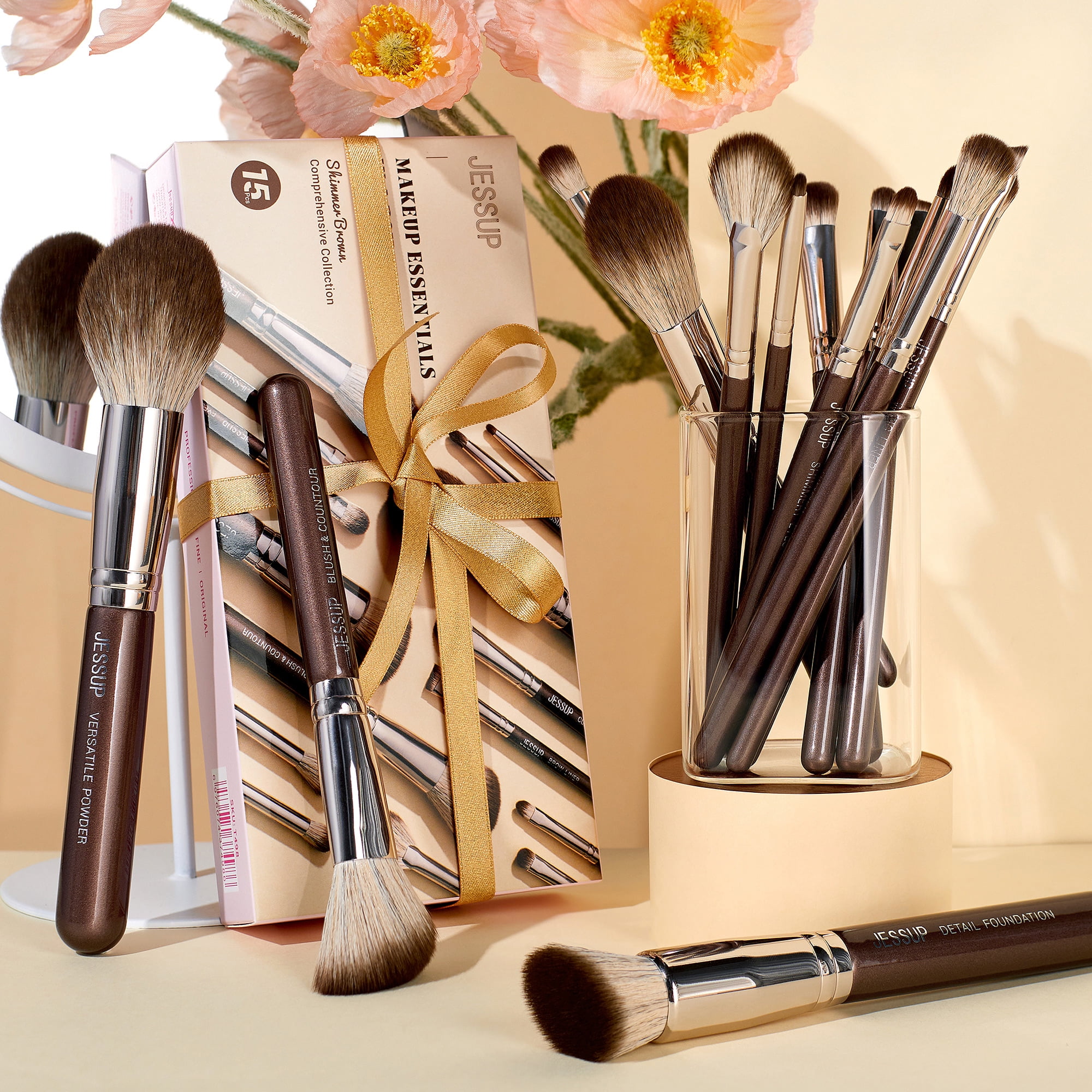 Jessup Makeup Brushes Set 15pcs Brown Make up Brushes Set Professional Premium Synthetic Foundation Eyebrow Concealer Blush Eyeshadow Contour Eyeliner Powder Blending Highlighter Brush, T498