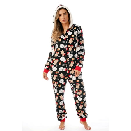 Just Love Christmas Print Pom Pom Adult Bodysuit (Black - Mixed Holiday  Medium)