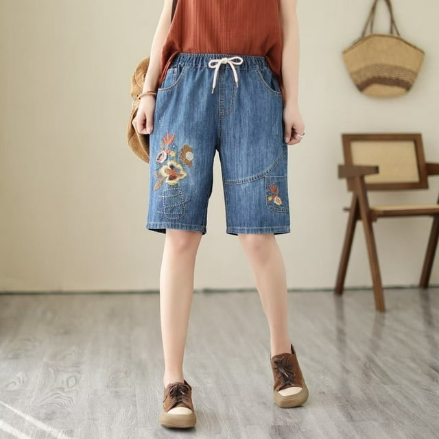 TINZ Women Summer Retro Style Embroidery Self Tie Plus Size Mid Length Pants Casual Ripped Straight Jeans Oversized Jean Pants for Women Designer Wide Leg Pants for Women