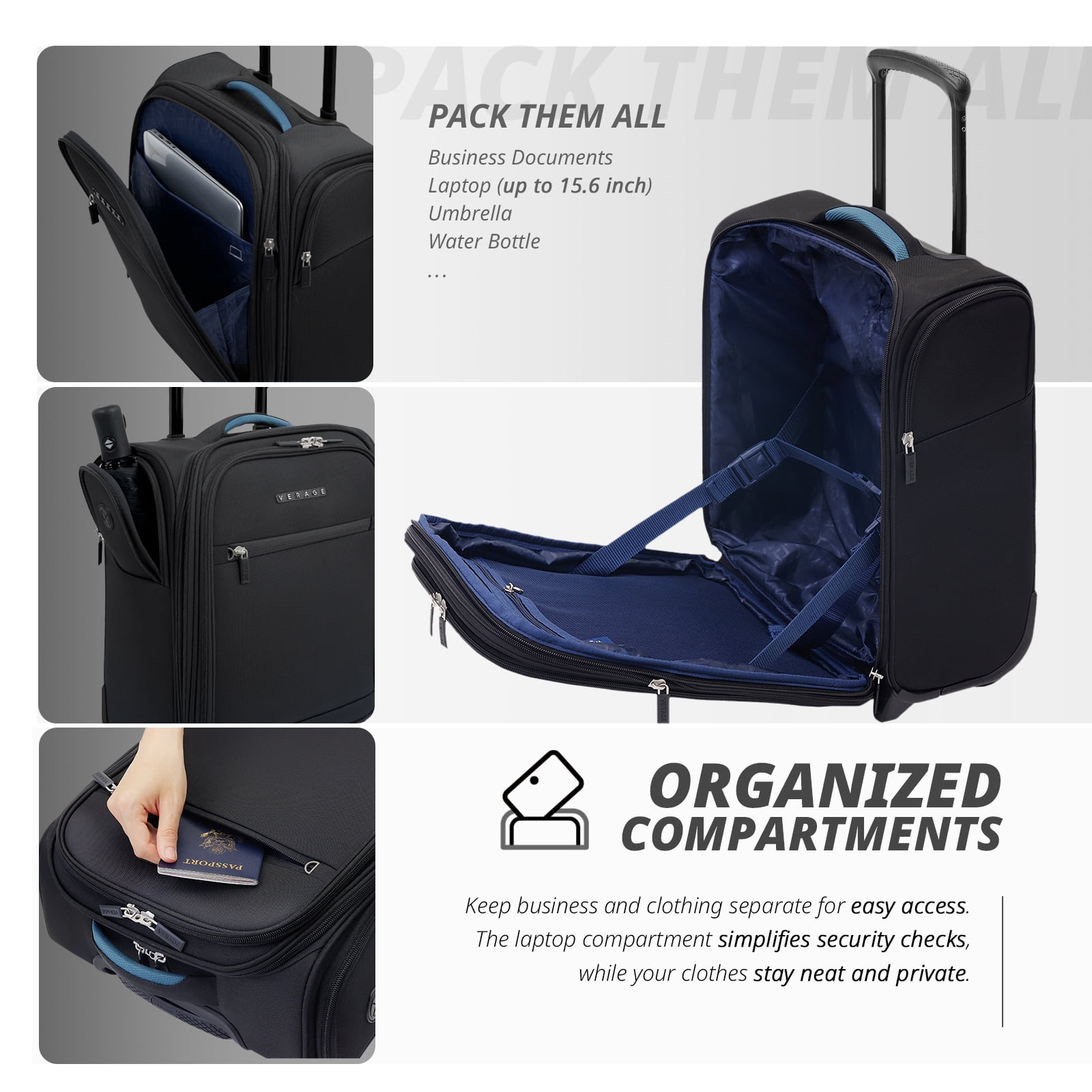 VERAGE 16-Inch Rolling Underseat Luggage with Wheels, Softside Expanable Small Suitcase Carry On Luggage Bags for Airlines Airplanes Short Trip Men Women (Black)