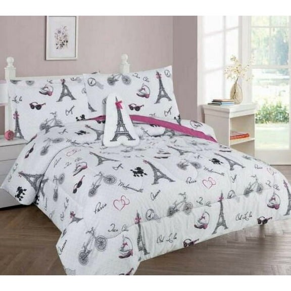 Paris eiffel tower print design Bed in Bag comforter & sheet set of 6 piece in twin size super soft fade resistant for girls, boys room décor